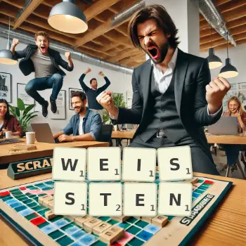 Kreative Illustration für ein Scrabble-Spiel, bei dem das Wort WEISSTEN mit Steinen auf dem Brett gelegt wurde.