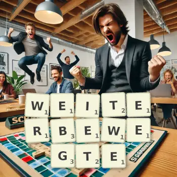 Kreative Illustration für ein Scrabble-Spiel, bei dem das Wort WEITERBEWEGTE mit Steinen auf dem Brett gelegt wurde.