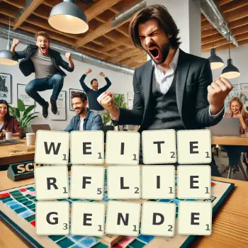 Kreative Illustration für ein Scrabble-Spiel, bei dem das Wort WEITERFLIEGENDE mit Steinen auf dem Brett gelegt wurde.