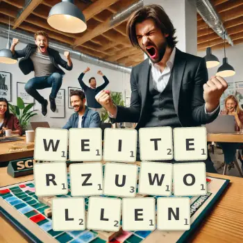 Kreative Illustration für ein Scrabble-Spiel, bei dem das Wort WEITERZUWOLLEN mit Steinen auf dem Brett gelegt wurde.