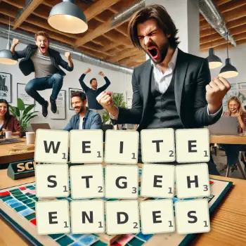 Kreative Illustration für ein Scrabble-Spiel, bei dem das Wort WEITESTGEHENDES mit Steinen auf dem Brett gelegt wurde.