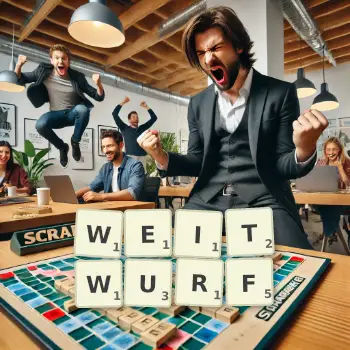 Kreative Illustration für ein Scrabble-Spiel, bei dem das Wort WEITWURF mit Steinen auf dem Brett gelegt wurde.