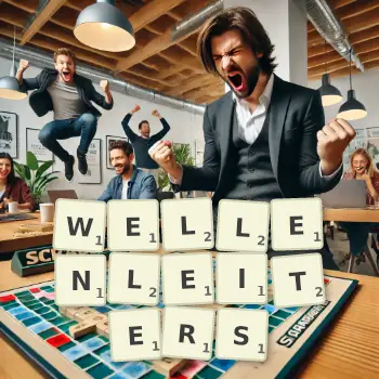 Kreative Illustration für ein Scrabble-Spiel, bei dem das Wort WELLENLEITERS mit Steinen auf dem Brett gelegt wurde.