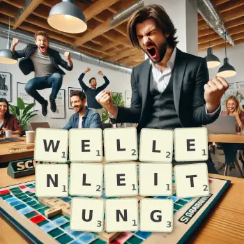 Kreative Illustration für ein Scrabble-Spiel, bei dem das Wort WELLENLEITUNG mit Steinen auf dem Brett gelegt wurde.