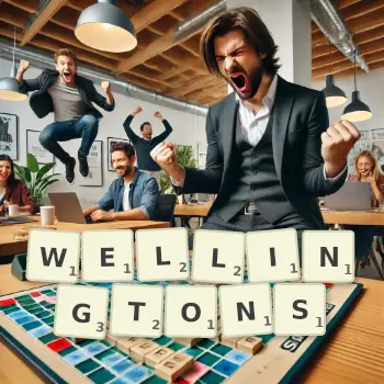 Kreative Illustration für ein Scrabble-Spiel, bei dem das Wort WELLINGTONS mit Steinen auf dem Brett gelegt wurde.