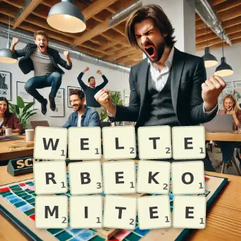 Kreative Illustration für ein Scrabble-Spiel, bei dem das Wort WELTERBEKOMITEE mit Steinen auf dem Brett gelegt wurde.