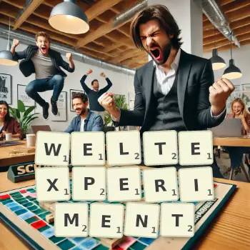 Kreative Illustration für ein Scrabble-Spiel, bei dem das Wort WELTEXPERIMENT mit Steinen auf dem Brett gelegt wurde.
