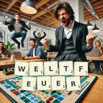 Kreative Illustration für ein Scrabble-Spiel, bei dem das Wort WELTFEUER mit Steinen auf dem Brett gelegt wurde.
