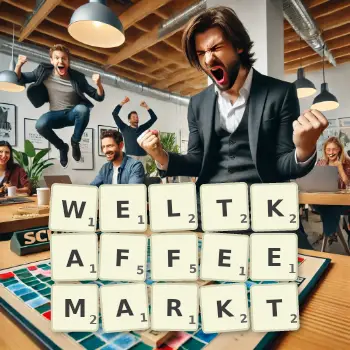 Kreative Illustration für ein Scrabble-Spiel, bei dem das Wort WELTKAFFEEMARKT mit Steinen auf dem Brett gelegt wurde.