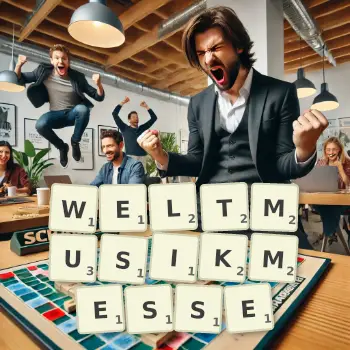 Kreative Illustration für ein Scrabble-Spiel, bei dem das Wort WELTMUSIKMESSE mit Steinen auf dem Brett gelegt wurde.