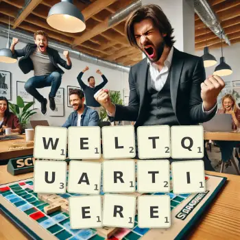 Kreative Illustration für ein Scrabble-Spiel, bei dem das Wort WELTQUARTIERE mit Steinen auf dem Brett gelegt wurde.