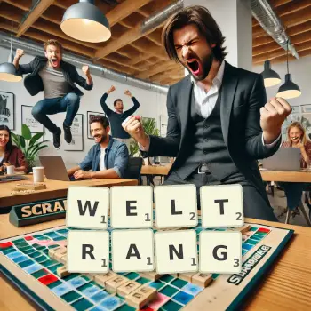 Kreative Illustration für ein Scrabble-Spiel, bei dem das Wort WELTRANG mit Steinen auf dem Brett gelegt wurde.