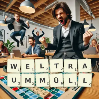 Kreative Illustration für ein Scrabble-Spiel, bei dem das Wort WELTRAUMMÜLL mit Steinen auf dem Brett gelegt wurde.