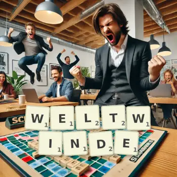 Kreative Illustration für ein Scrabble-Spiel, bei dem das Wort WELTWINDE mit Steinen auf dem Brett gelegt wurde.