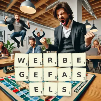 Kreative Illustration für ein Scrabble-Spiel, bei dem das Wort WERBEGEFASELS mit Steinen auf dem Brett gelegt wurde.