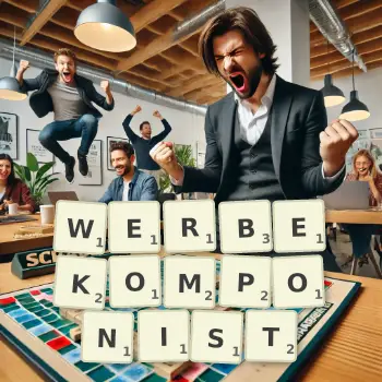 Kreative Illustration für ein Scrabble-Spiel, bei dem das Wort WERBEKOMPONIST mit Steinen auf dem Brett gelegt wurde.