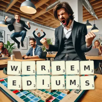Kreative Illustration für ein Scrabble-Spiel, bei dem das Wort WERBEMEDIUMS mit Steinen auf dem Brett gelegt wurde.