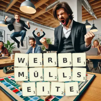 Kreative Illustration für ein Scrabble-Spiel, bei dem das Wort WERBEMÜLLSEITE mit Steinen auf dem Brett gelegt wurde.