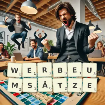 Kreative Illustration für ein Scrabble-Spiel, bei dem das Wort WERBEUMSÄTZE mit Steinen auf dem Brett gelegt wurde.
