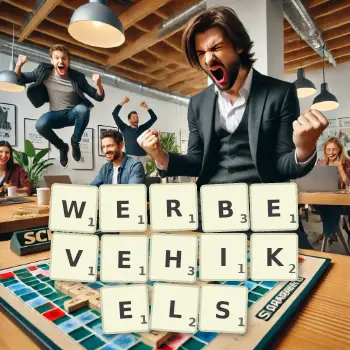 Kreative Illustration für ein Scrabble-Spiel, bei dem das Wort WERBEVEHIKELS mit Steinen auf dem Brett gelegt wurde.