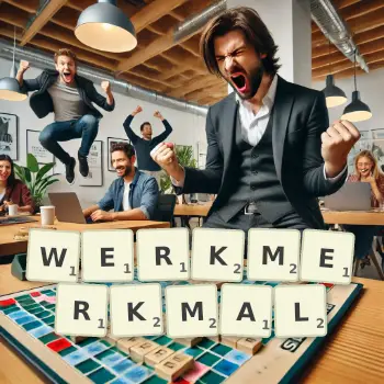 Kreative Illustration für ein Scrabble-Spiel, bei dem das Wort WERKMERKMAL mit Steinen auf dem Brett gelegt wurde.