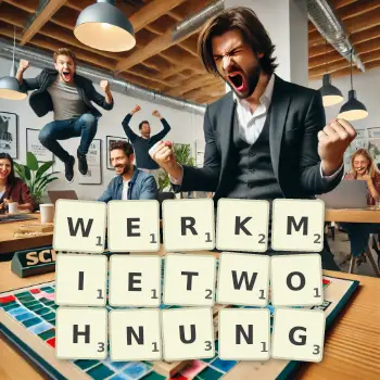 Kreative Illustration für ein Scrabble-Spiel, bei dem das Wort WERKMIETWOHNUNG mit Steinen auf dem Brett gelegt wurde.