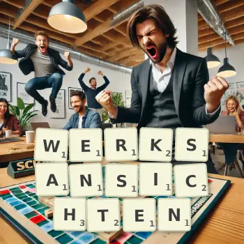 Kreative Illustration für ein Scrabble-Spiel, bei dem das Wort WERKSANSICHTEN mit Steinen auf dem Brett gelegt wurde.
