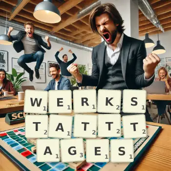 Kreative Illustration für ein Scrabble-Spiel, bei dem das Wort WERKSTATTTAGES mit Steinen auf dem Brett gelegt wurde.
