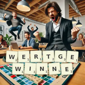 Kreative Illustration für ein Scrabble-Spiel, bei dem das Wort WERTGEWINNE mit Steinen auf dem Brett gelegt wurde.