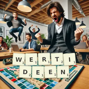 Kreative Illustration für ein Scrabble-Spiel, bei dem das Wort WERTIDEEN mit Steinen auf dem Brett gelegt wurde.