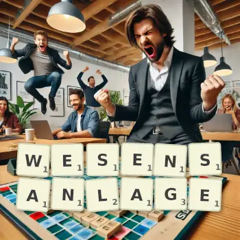 Kreative Illustration für ein Scrabble-Spiel, bei dem das Wort WESENSANLAGE mit Steinen auf dem Brett gelegt wurde.