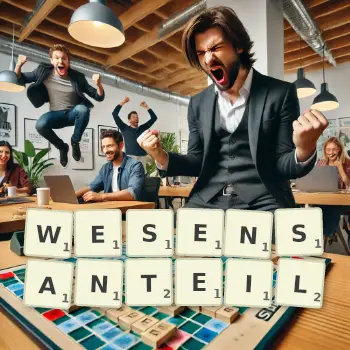 Kreative Illustration für ein Scrabble-Spiel, bei dem das Wort WESENSANTEIL mit Steinen auf dem Brett gelegt wurde.