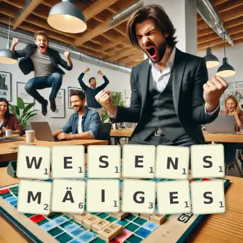Kreative Illustration für ein Scrabble-Spiel, bei dem das Wort WESENSMÄIGES mit Steinen auf dem Brett gelegt wurde.