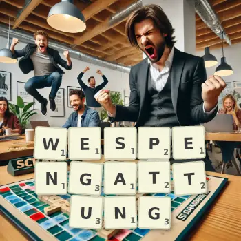 Kreative Illustration für ein Scrabble-Spiel, bei dem das Wort WESPENGATTUNG mit Steinen auf dem Brett gelegt wurde.