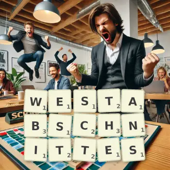 Kreative Illustration für ein Scrabble-Spiel, bei dem das Wort WESTABSCHNITTES mit Steinen auf dem Brett gelegt wurde.