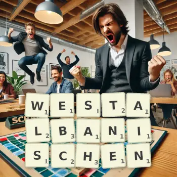 Kreative Illustration für ein Scrabble-Spiel, bei dem das Wort WESTALBANISCHEN mit Steinen auf dem Brett gelegt wurde.