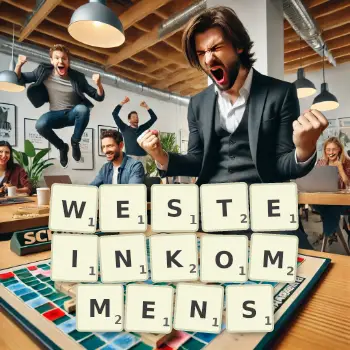 Kreative Illustration für ein Scrabble-Spiel, bei dem das Wort WESTEINKOMMENS mit Steinen auf dem Brett gelegt wurde.