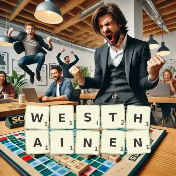 Kreative Illustration für ein Scrabble-Spiel, bei dem das Wort WESTHAINEN mit Steinen auf dem Brett gelegt wurde.