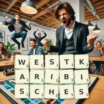Kreative Illustration für ein Scrabble-Spiel, bei dem das Wort WESTKARIBISCHES mit Steinen auf dem Brett gelegt wurde.