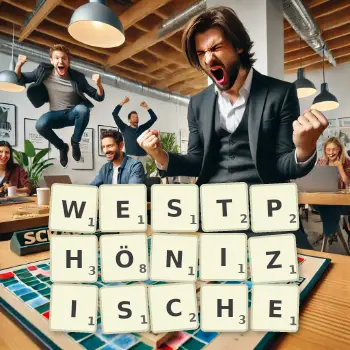 Kreative Illustration für ein Scrabble-Spiel, bei dem das Wort WESTPHÖNIZISCHE mit Steinen auf dem Brett gelegt wurde.