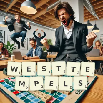 Kreative Illustration für ein Scrabble-Spiel, bei dem das Wort WESTTEMPELS mit Steinen auf dem Brett gelegt wurde.
