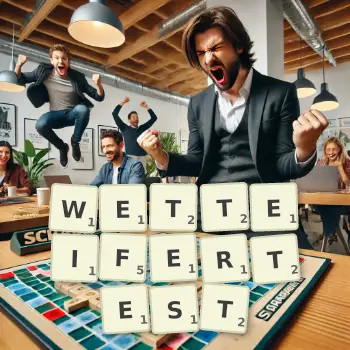 Kreative Illustration für ein Scrabble-Spiel, bei dem das Wort WETTEIFERTEST mit Steinen auf dem Brett gelegt wurde.