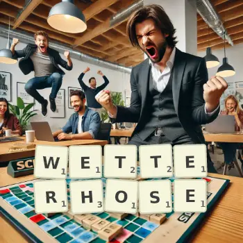Kreative Illustration für ein Scrabble-Spiel, bei dem das Wort WETTERHOSE mit Steinen auf dem Brett gelegt wurde.