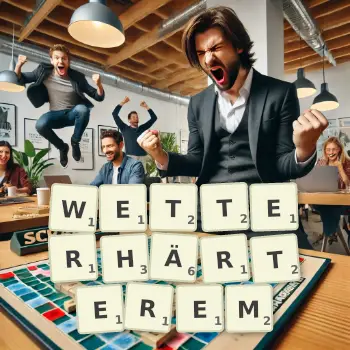 Kreative Illustration für ein Scrabble-Spiel, bei dem das Wort WETTERHÄRTEREM mit Steinen auf dem Brett gelegt wurde.