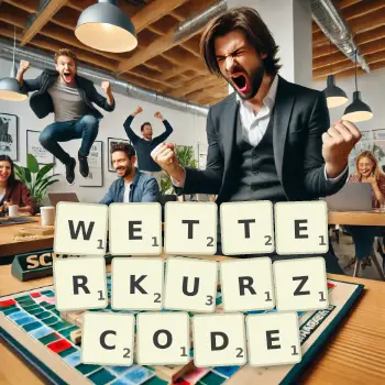 Kreative Illustration für ein Scrabble-Spiel, bei dem das Wort WETTERKURZCODE mit Steinen auf dem Brett gelegt wurde.