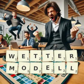 Kreative Illustration für ein Scrabble-Spiel, bei dem das Wort WETTERMODELL mit Steinen auf dem Brett gelegt wurde.