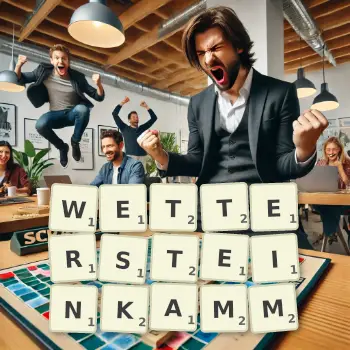 Kreative Illustration für ein Scrabble-Spiel, bei dem das Wort WETTERSTEINKAMM mit Steinen auf dem Brett gelegt wurde.