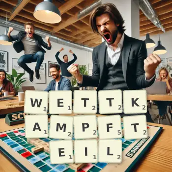 Kreative Illustration für ein Scrabble-Spiel, bei dem das Wort WETTKAMPFTEIL mit Steinen auf dem Brett gelegt wurde.