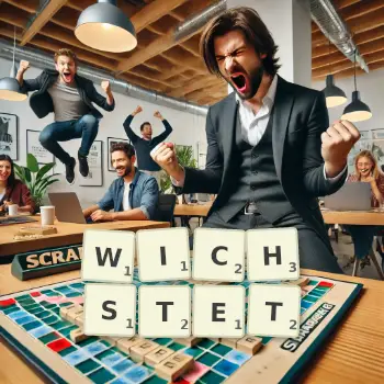 Kreative Illustration für ein Scrabble-Spiel, bei dem das Wort WICHSTET mit Steinen auf dem Brett gelegt wurde.