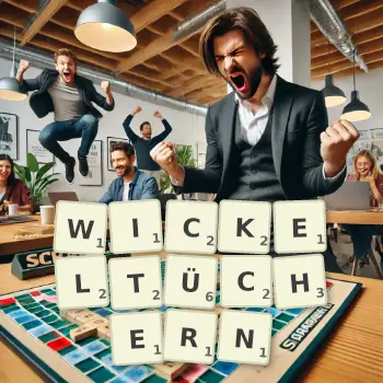 Kreative Illustration für ein Scrabble-Spiel, bei dem das Wort WICKELTÜCHERN mit Steinen auf dem Brett gelegt wurde.